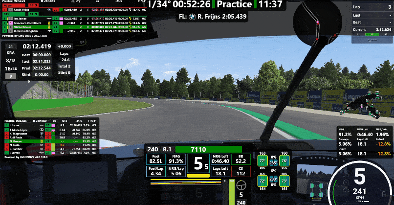 LMU DRIVE overlays on track in Le Mans Ultimate: standings, relative, fuel and energy, tyres and track map